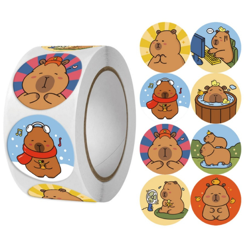 Label Sticker Round - 500 Stück/Packung Capybara-Aufkleber, niedliches Wasserschweinchen, selbstklebende
